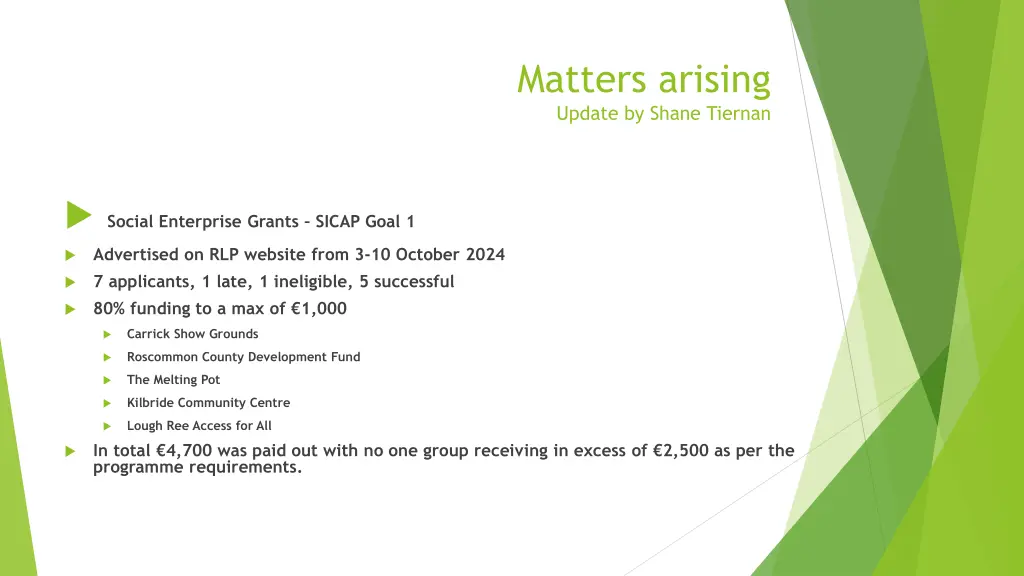 matters arising update by shane tiernan