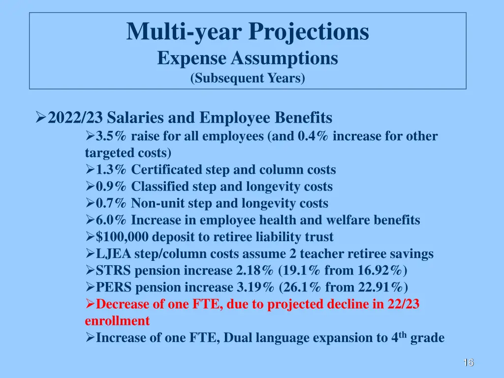 multi year projections expense assumptions