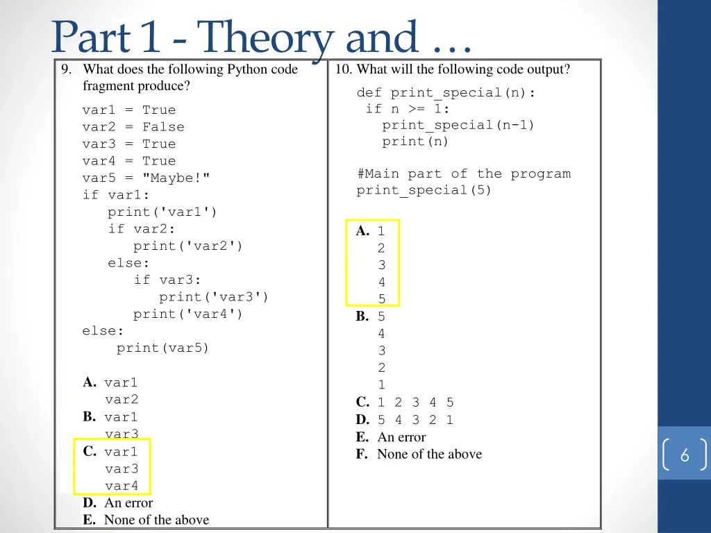 part 1 theory and 9 what does the following