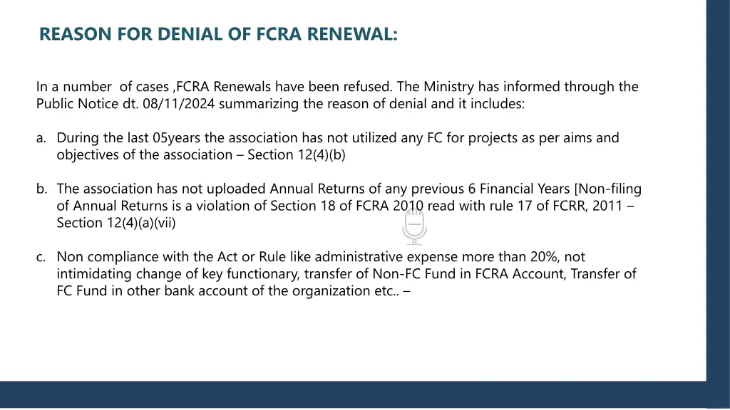 reason for denial of fcra renewal