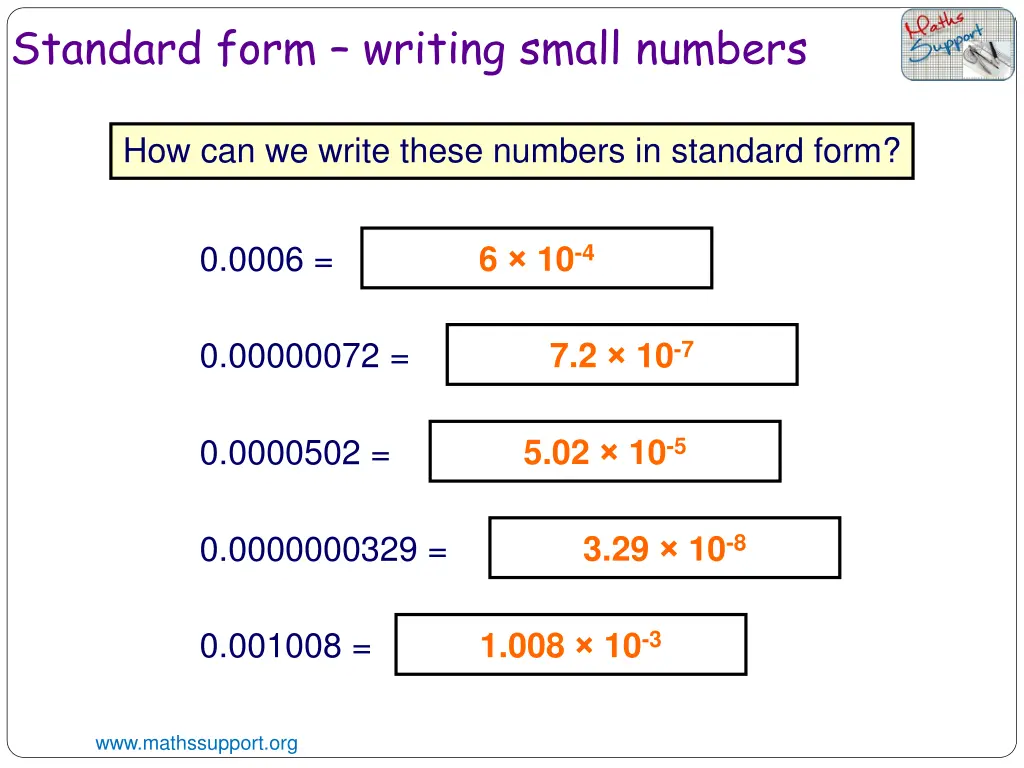 standard form writing small numbers 1