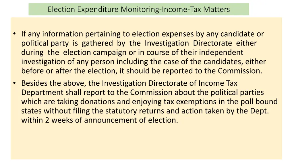 election expenditure monitoring income tax matters 6