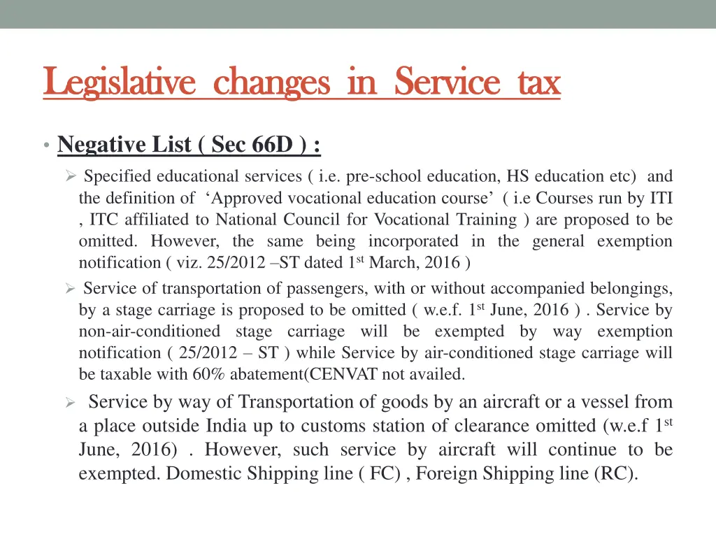legislative changes in service tax legislative