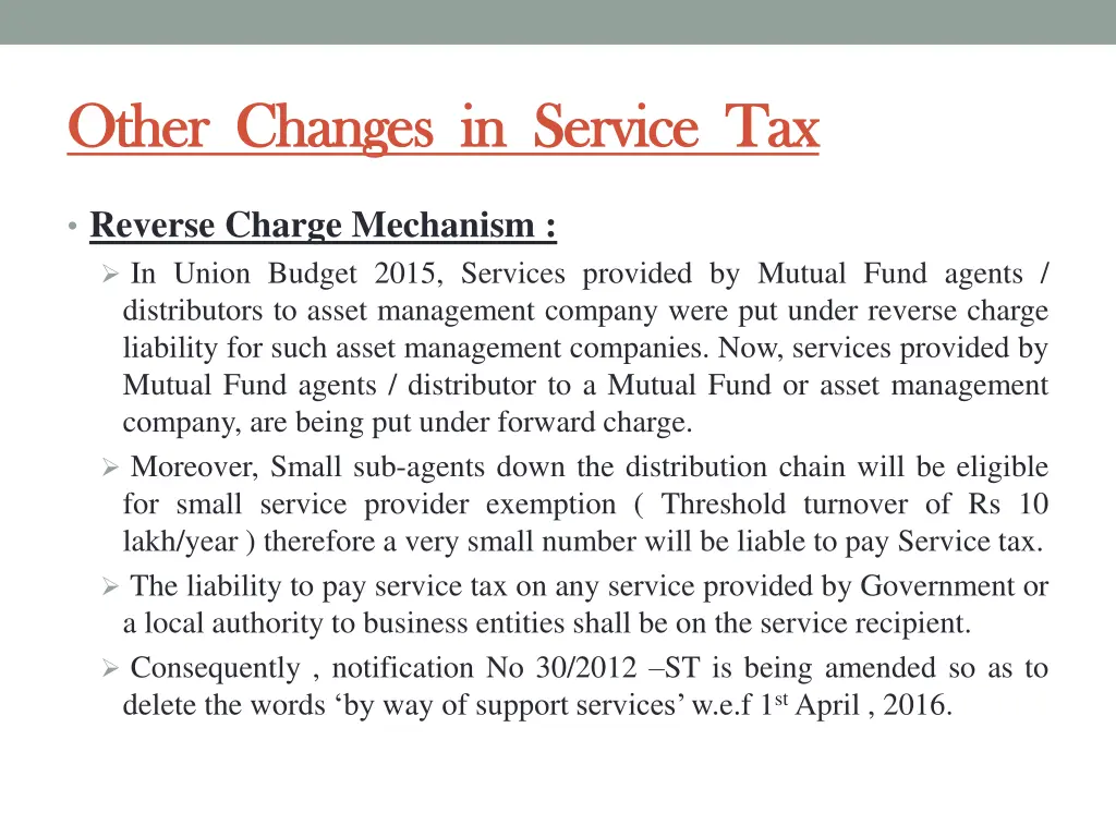 other changes in service tax other changes