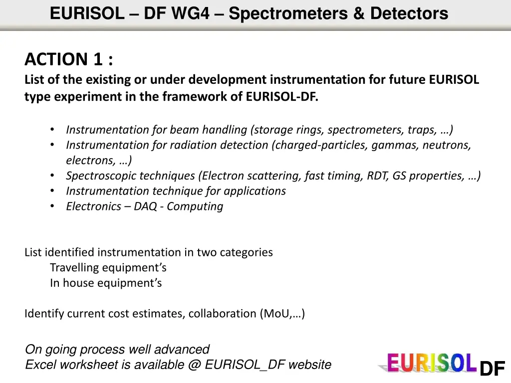 eurisol df wg4 spectrometers detectors