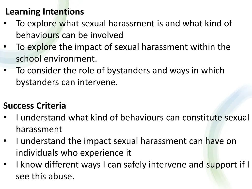 learning intentions to explore what sexual
