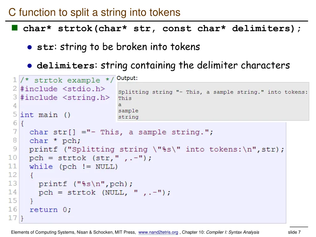 c function to split a string into tokens char