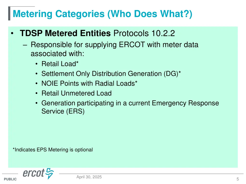metering categories who does what