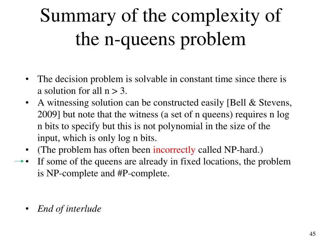 summary of the complexity of the n queens problem