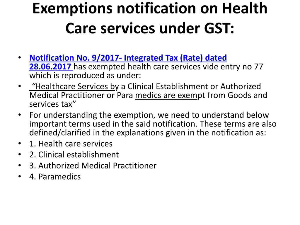 exemptions notification on health care services