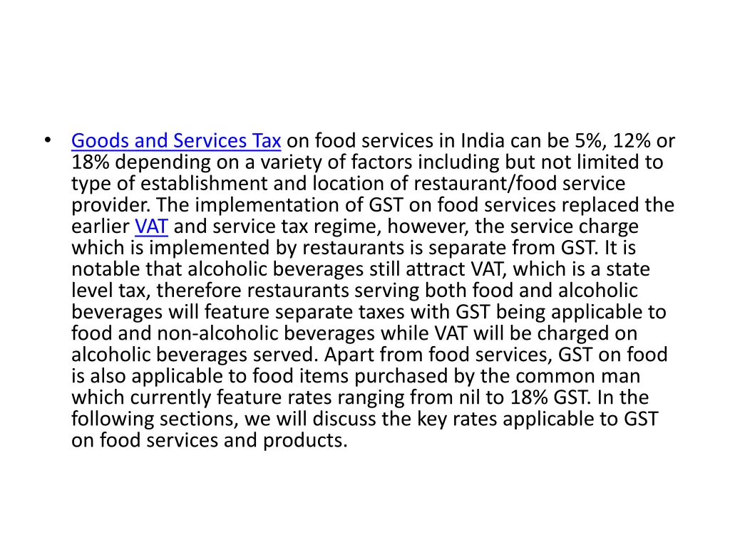 goods and services tax on food services in india