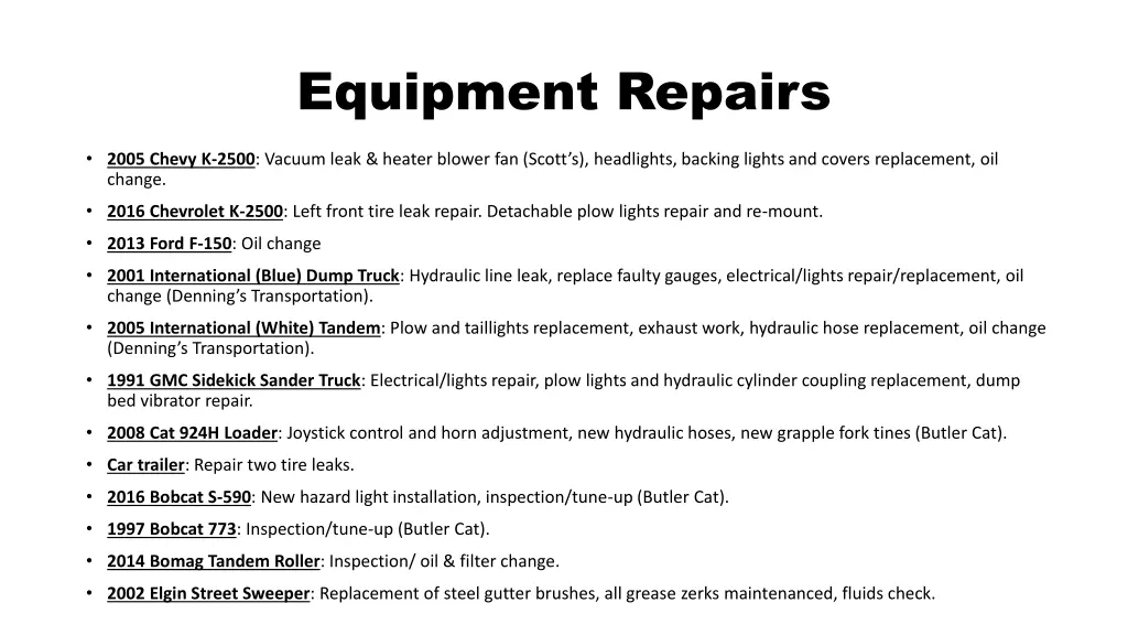 equipment repairs