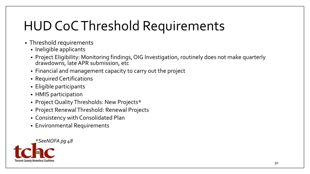 hud coc threshold requirements