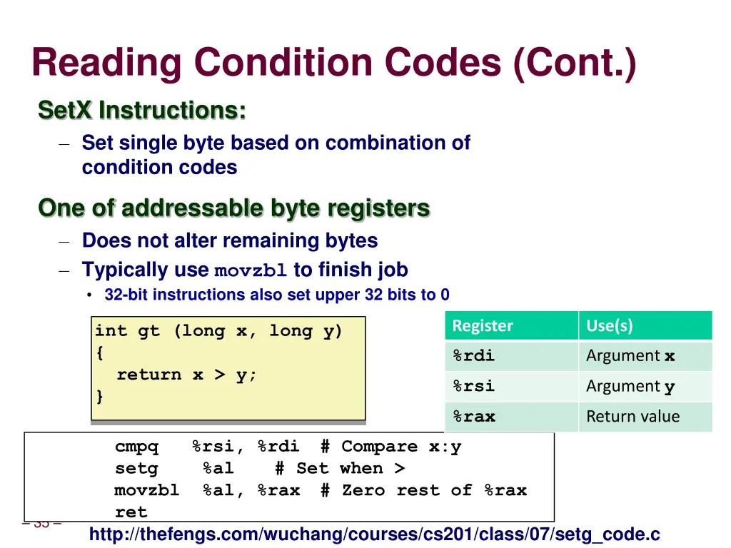 reading condition codes cont setx instructions