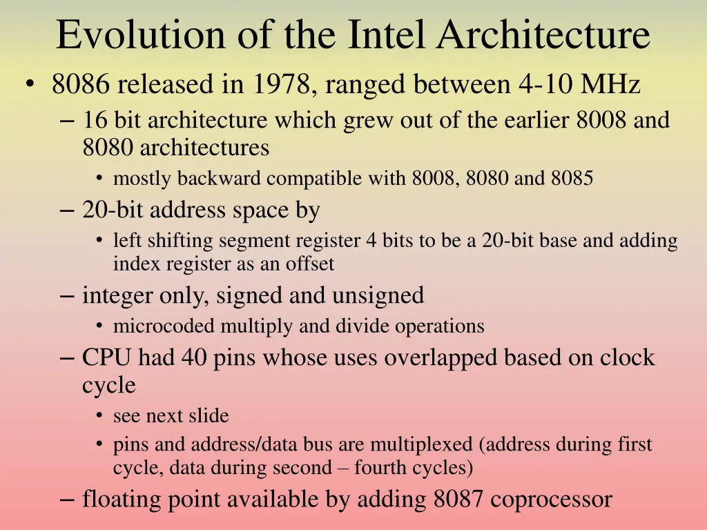 evolution of the intel architecture 8086 released
