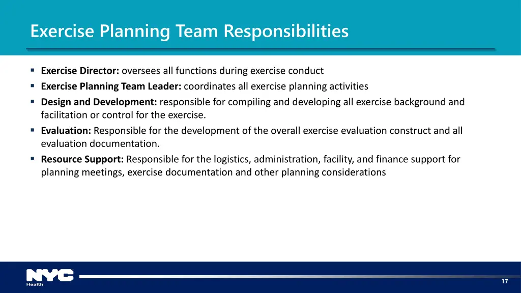 exercise planning team responsibilities