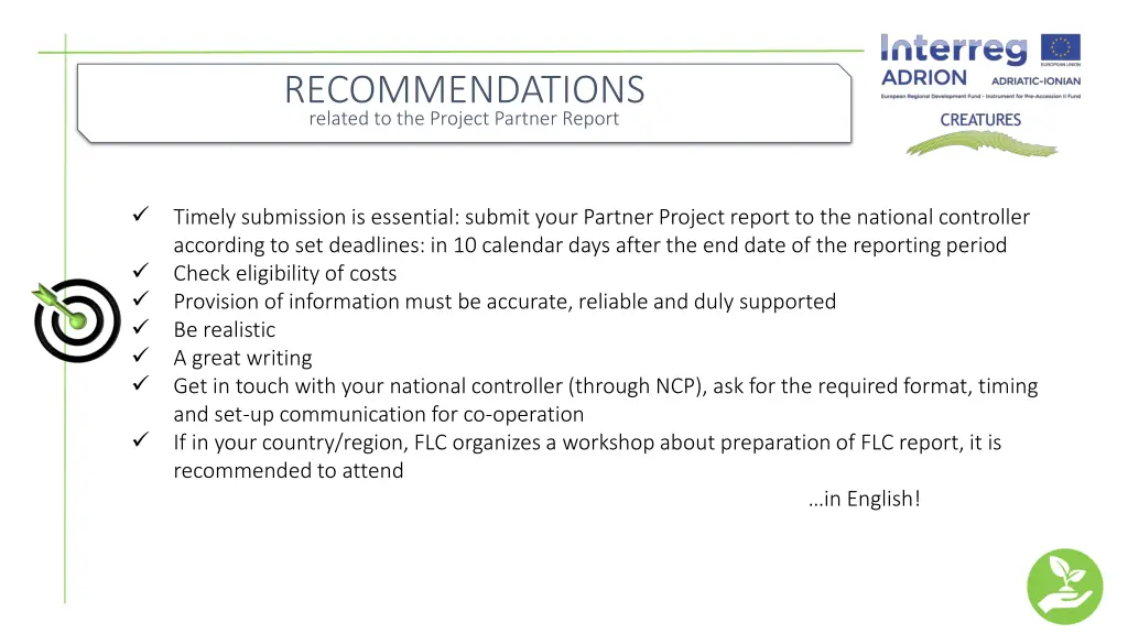 recommendations related to the project partner