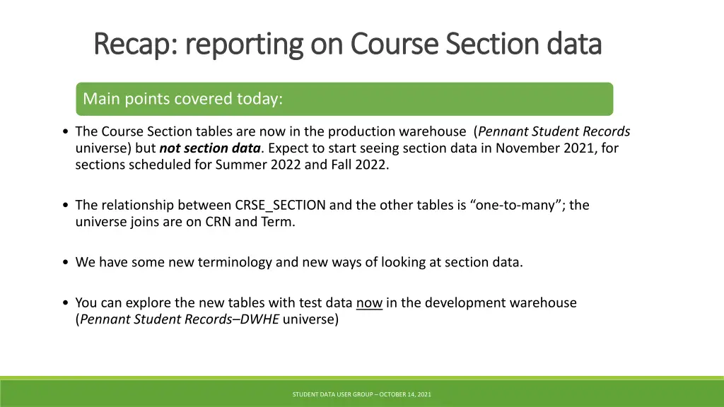 recap reporting on course section data recap