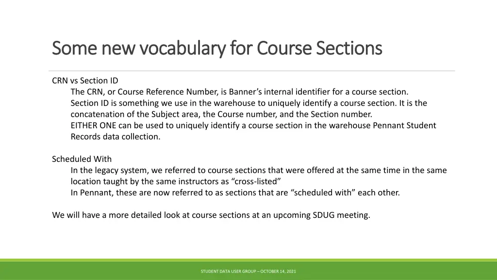 some new vocabulary for course sections some