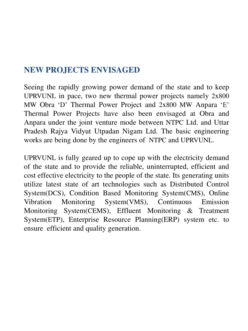 new projects envisaged