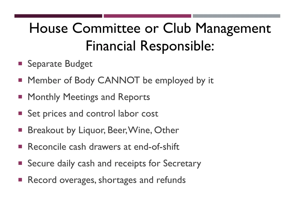 house committee or club management financial