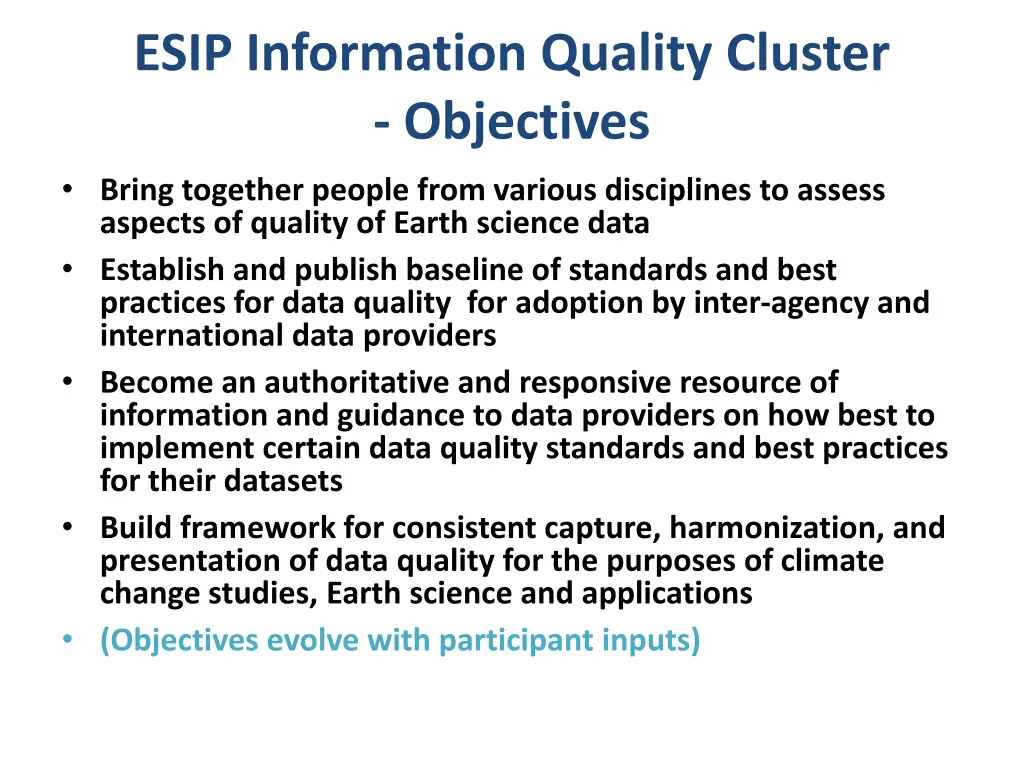 esip information quality cluster objectives bring