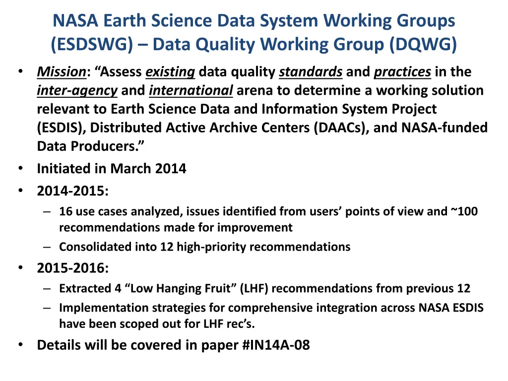 nasa earth science data system working groups