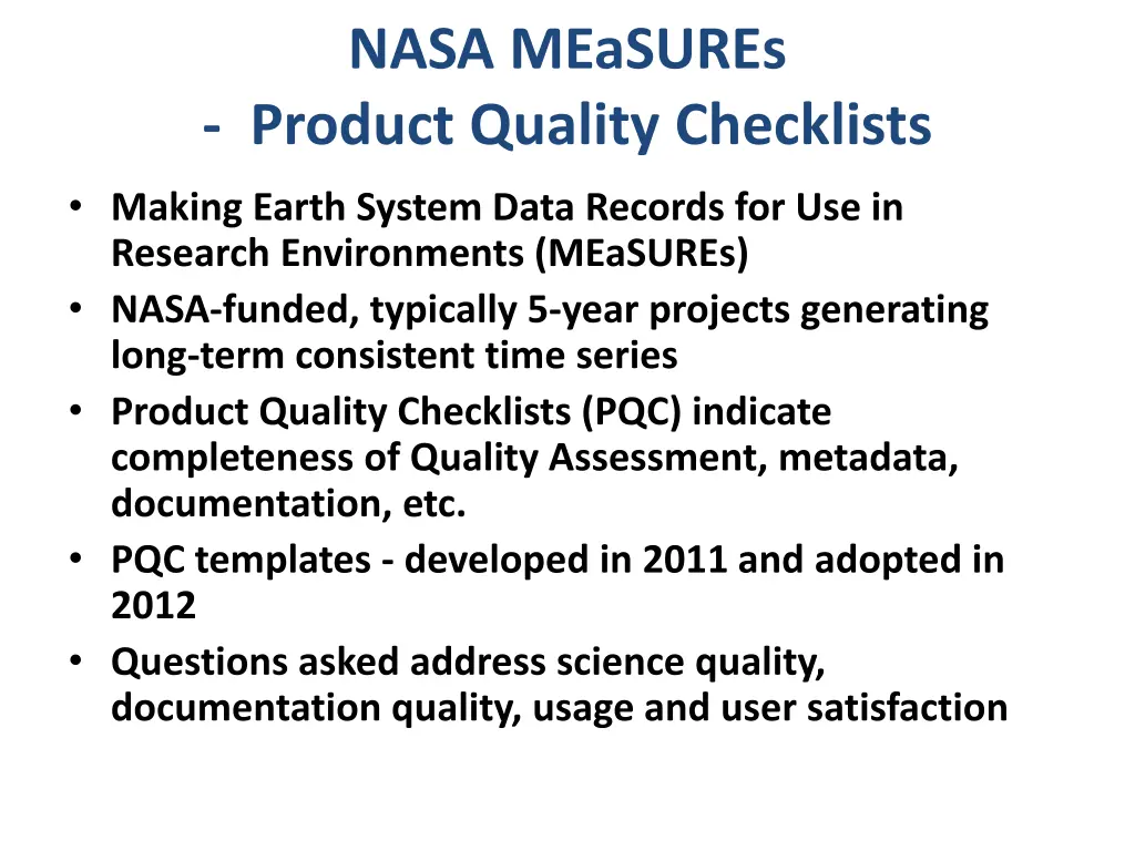 nasa measures product quality checklists