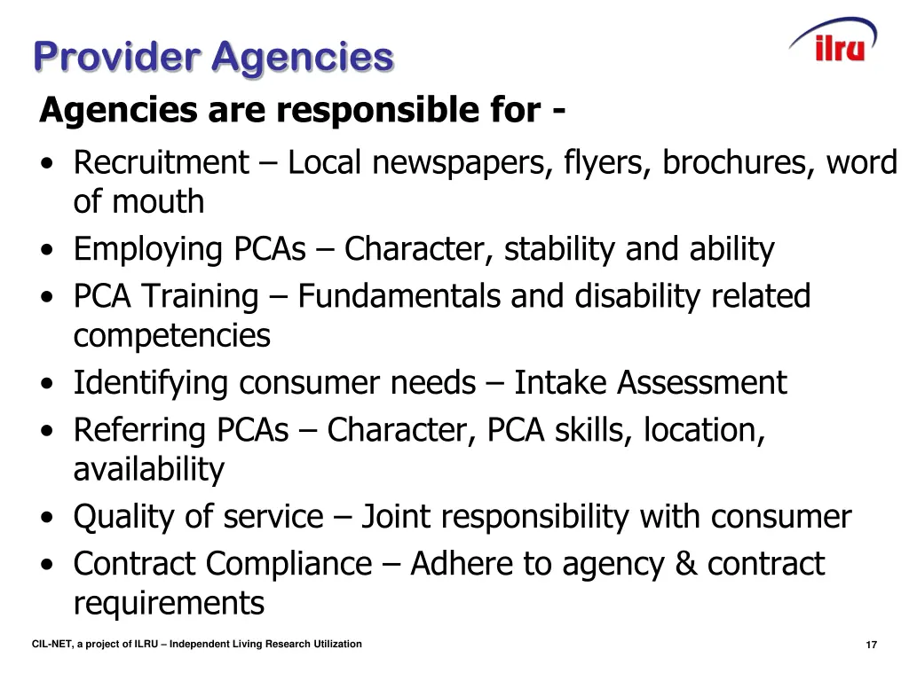 provider agencies agencies are responsible