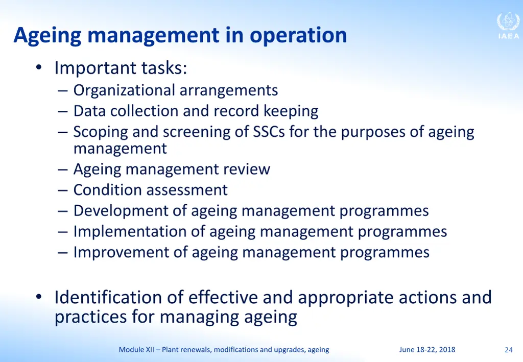 ageing management in operation important tasks