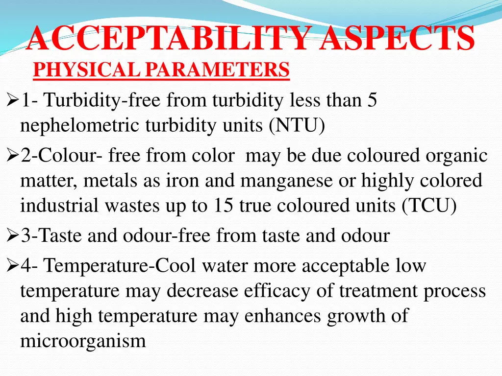 acceptability aspects physical parameters