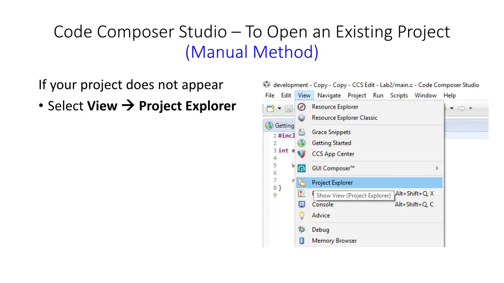 code composer studio to open an existing project 1