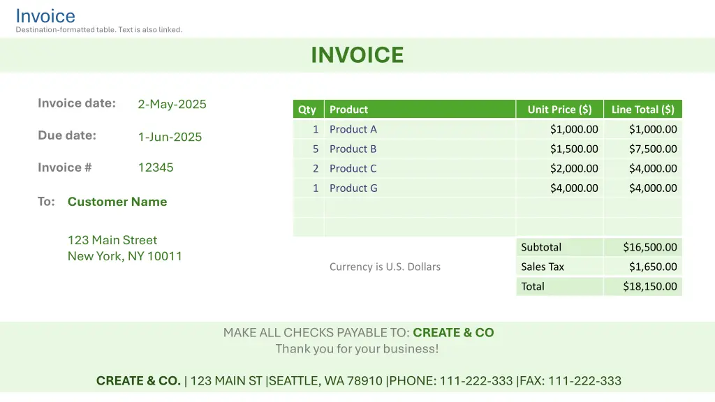 invoice destination formatted table text is also