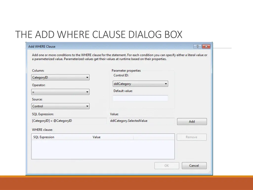 the add where clause dialog box