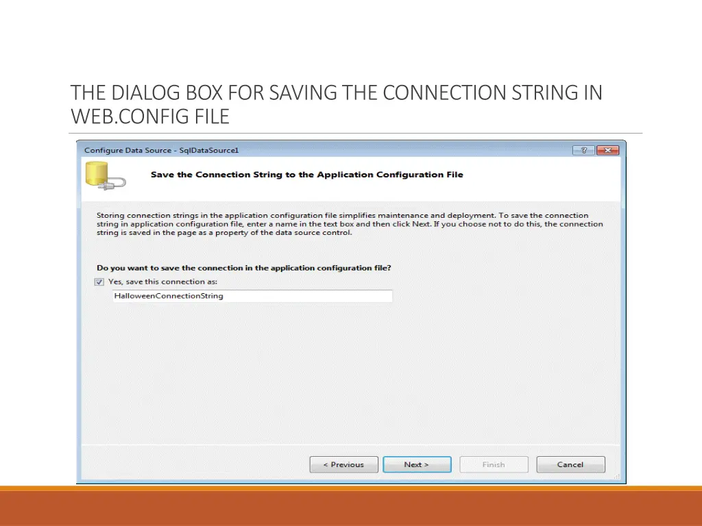 the dialog box for saving the connection string