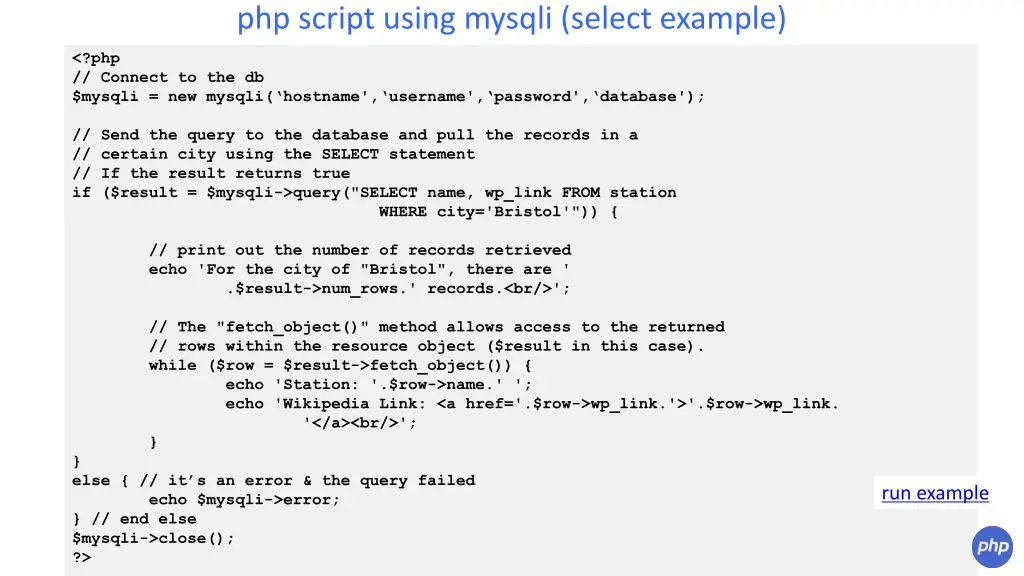 php script using mysqli select example