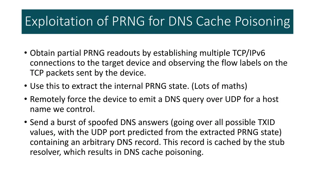exploitation of prng for dns cache poisoning