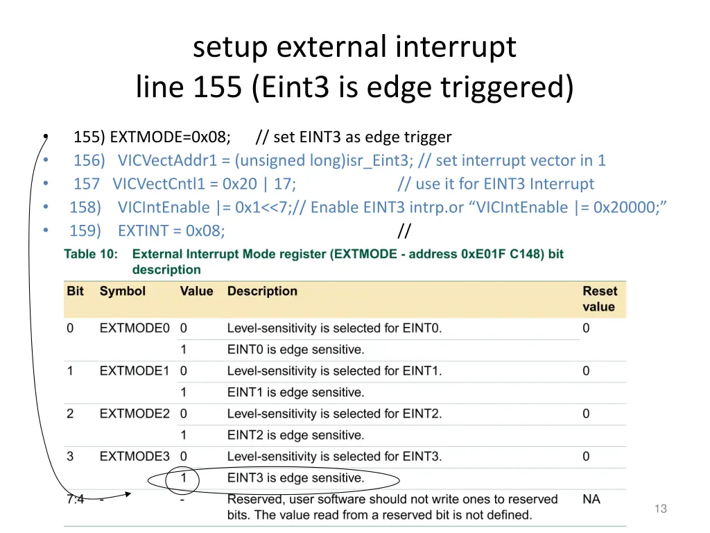 setup external interrupt line 155 eint3 is edge