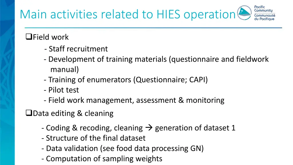 main activities related to hies operation 1