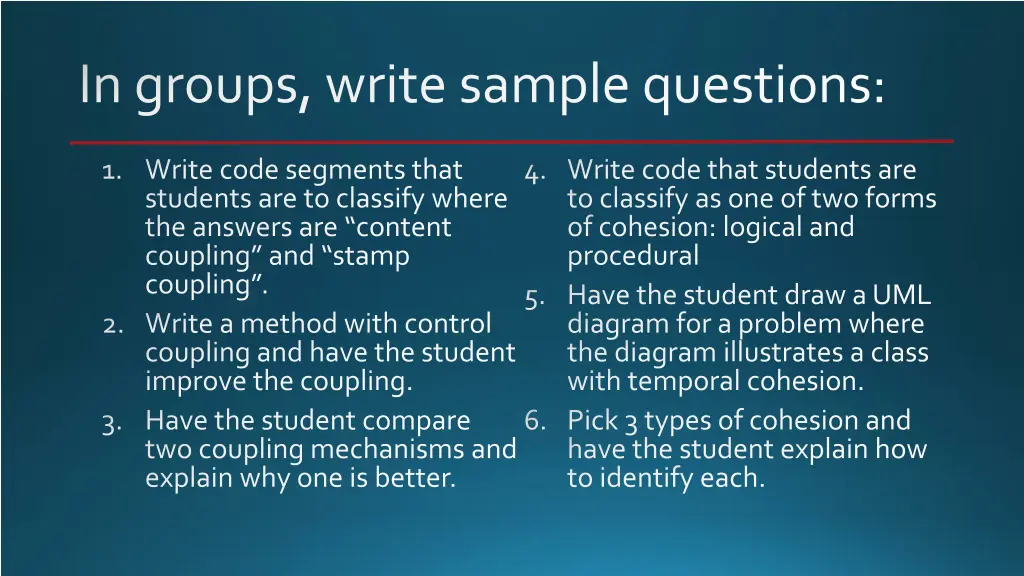 in groups write sample questions