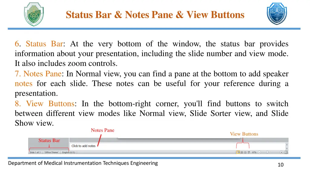 status bar notes pane view buttons
