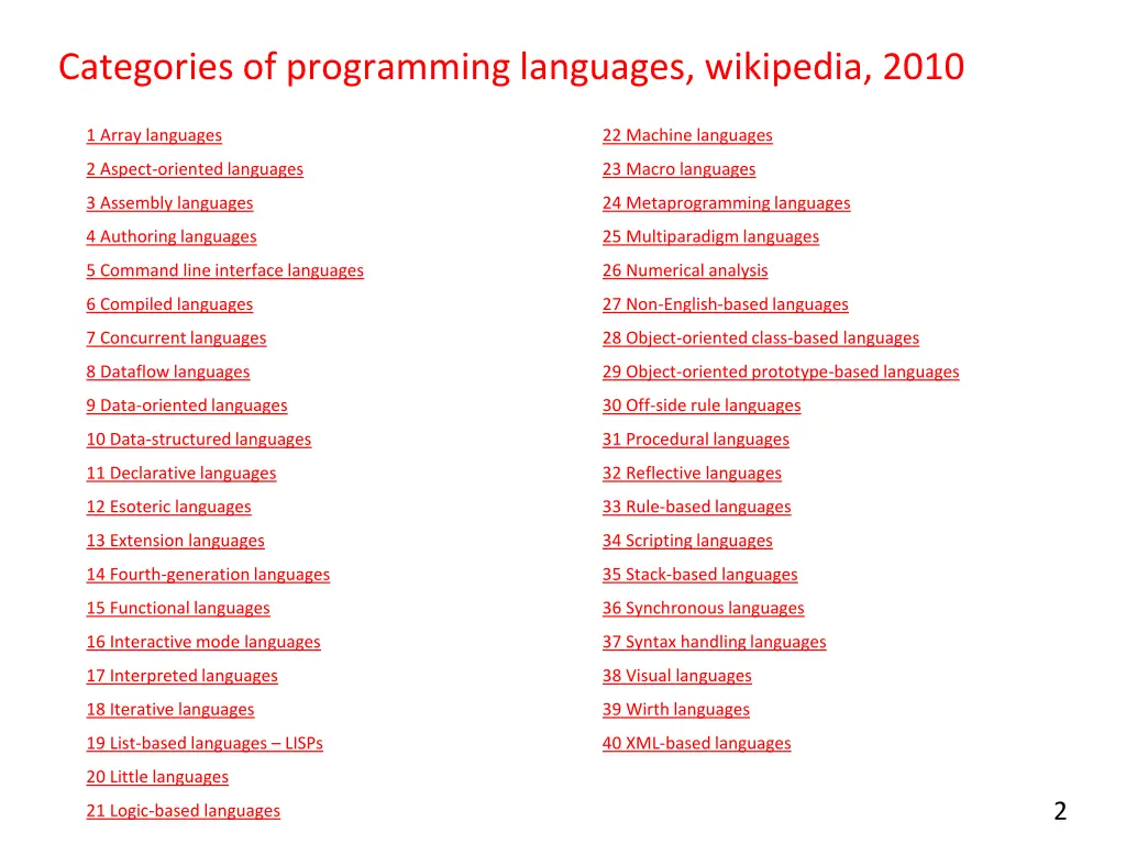 categories of programming languages wikipedia 2010