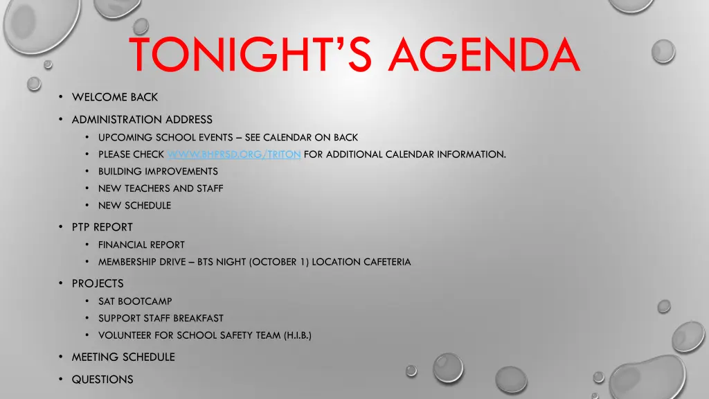 tonight s agenda welcome back
