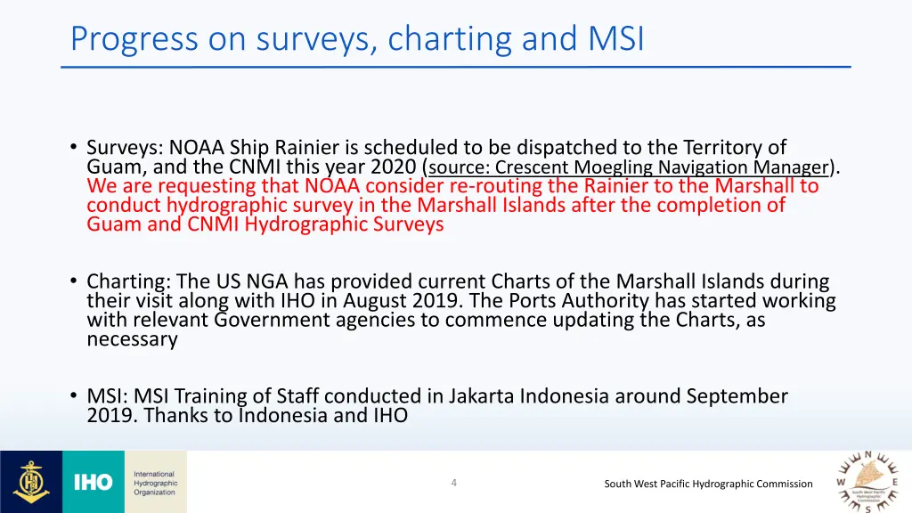 progress on surveys charting and msi