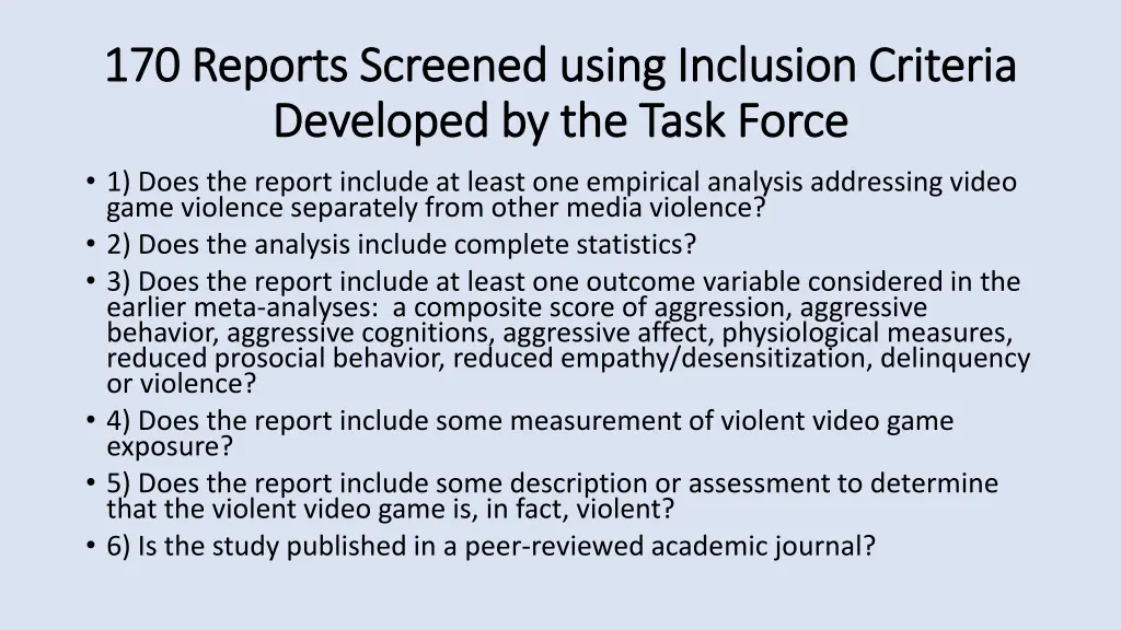 170 reports screened using inclusion criteria
