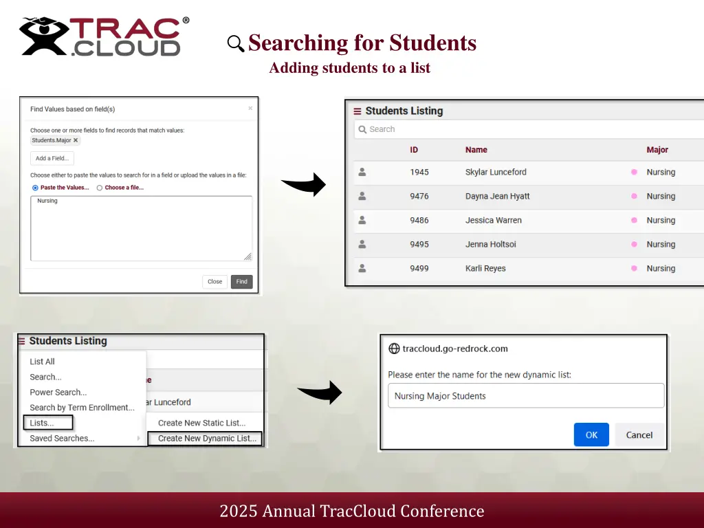 searching for students adding students to a list