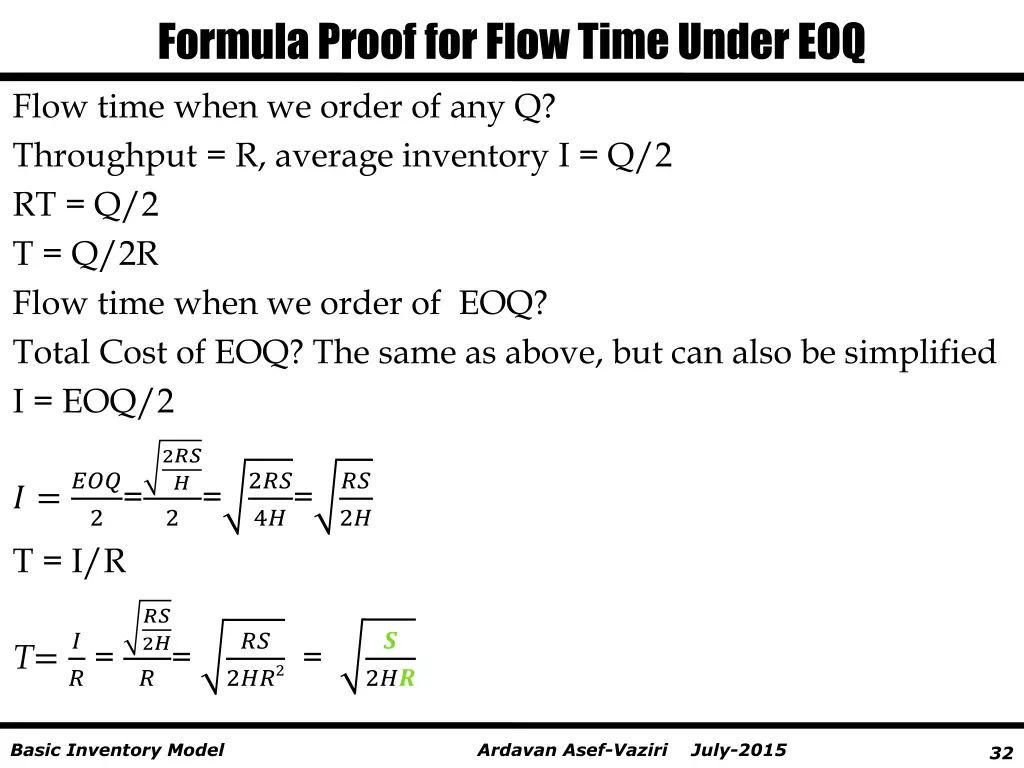 formula proof for flow time under eoq