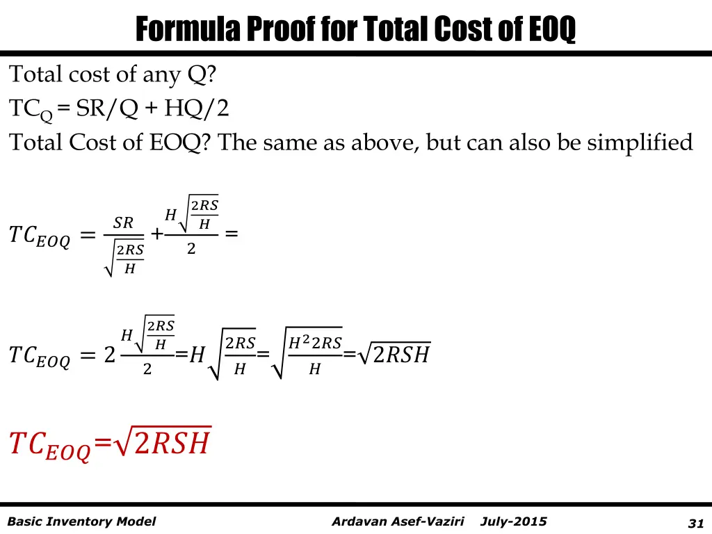 formula proof for total cost of eoq