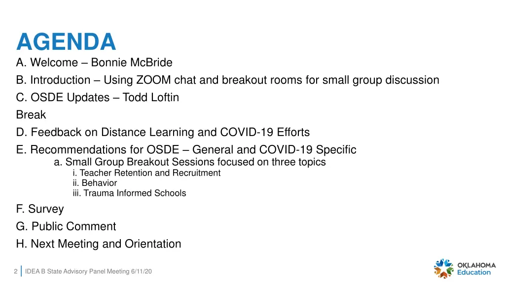 agenda a welcome bonnie mcbride b introduction