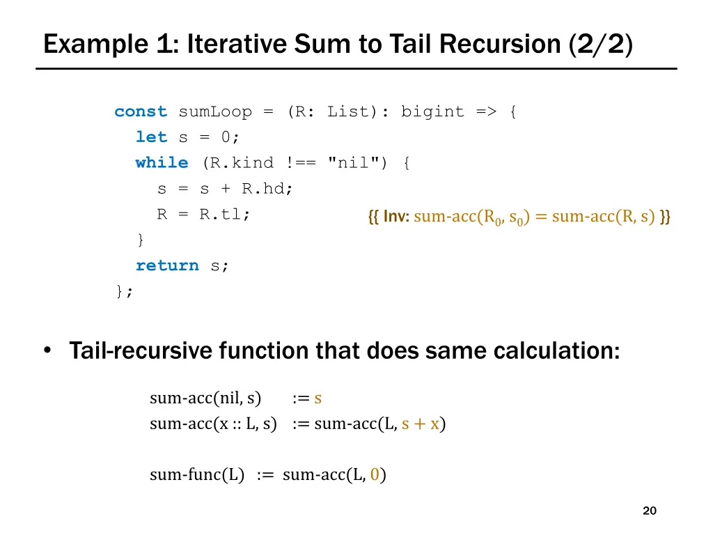 example 1 iterative sum to tail recursion 2 2